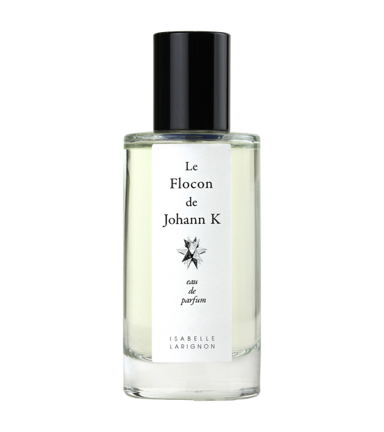 Le Flocon de Johann K by Isabelle Larignon — 50ml eau de parfum in a clear glass bottle with a black cap and an illustrated white label.