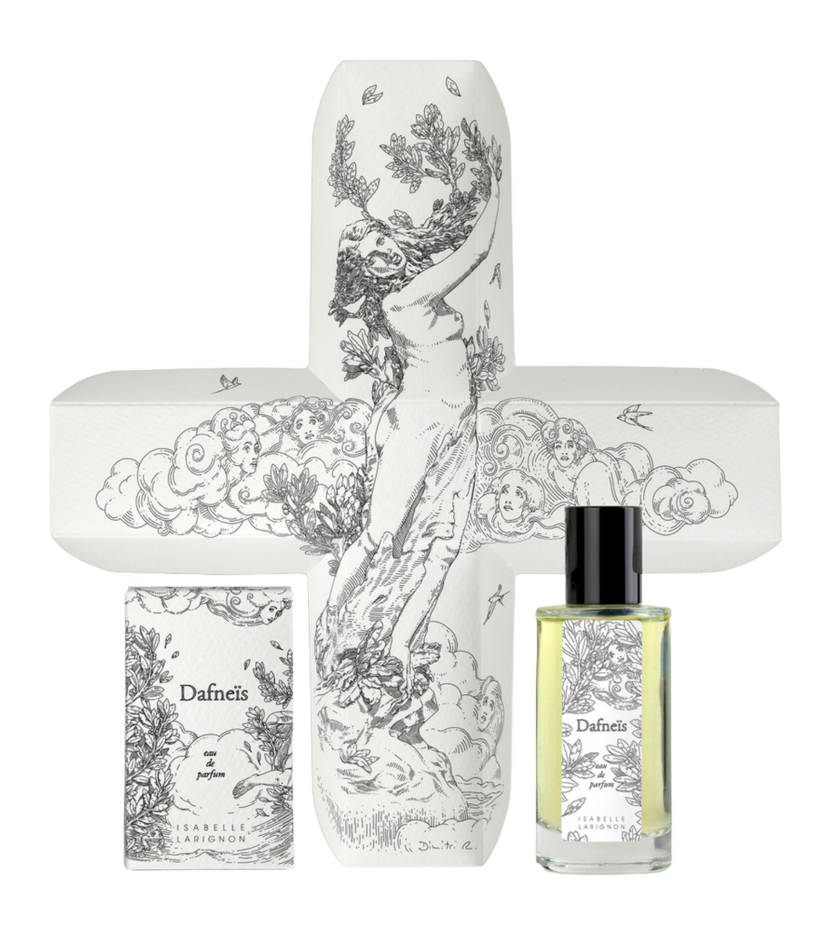 Dafneïs by Isabelle Larignon — the 50ml bottle beside its illustrated box, opened out to show the cross-shaped interior printed with Daphne mid-metamorphosis, after Bernini.