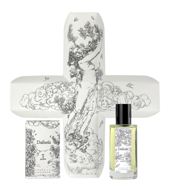 Dafneïs by Isabelle Larignon — the 50ml bottle beside its illustrated box, opened out to show the cross-shaped interior printed with Daphne mid-metamorphosis, after Bernini.