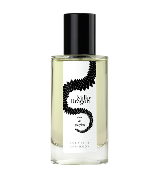 Milky Dragon by Isabelle Larignon — 50ml eau de parfum in a clear glass bottle with a black cap and a white label illustrated with a coiled serpent.