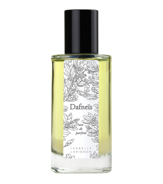 Dafneïs by Isabelle Larignon — 50ml eau de parfum in a clear glass bottle with a black cap and a white label engraved with laurel leaves.
