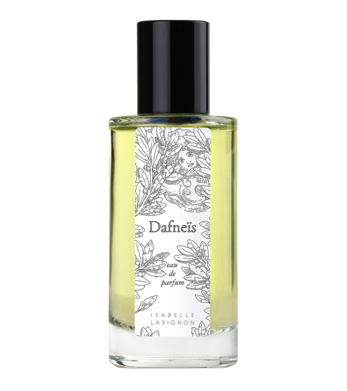 Dafneïs by Isabelle Larignon — 50ml eau de parfum in a clear glass bottle with a black cap and a white label engraved with laurel leaves.