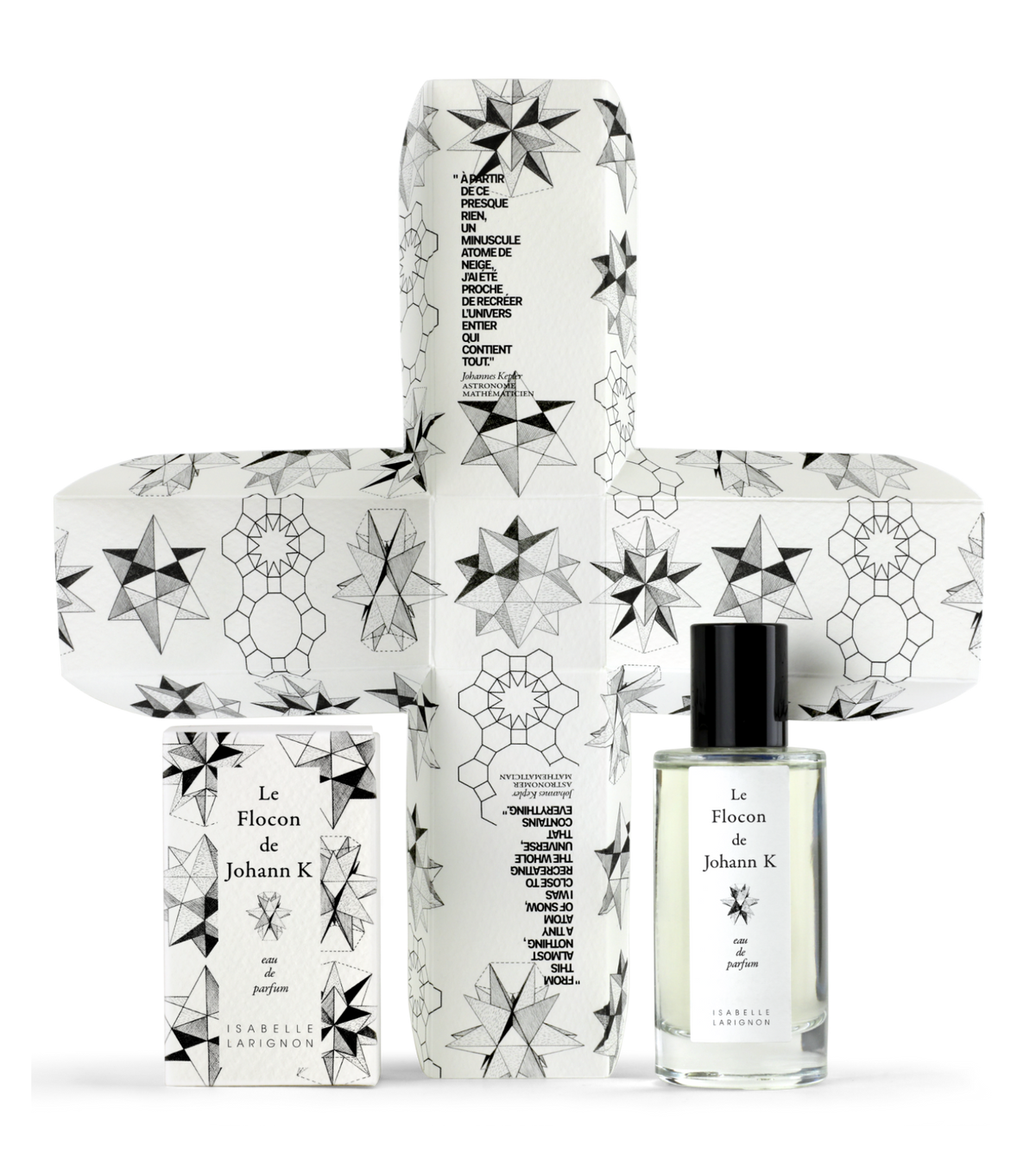 Le Flocon de Johann K by Isabelle Larignon — the 50ml bottle beside its illustrated box, opened out to show the cross-shaped interior printed with snowflake engravings.