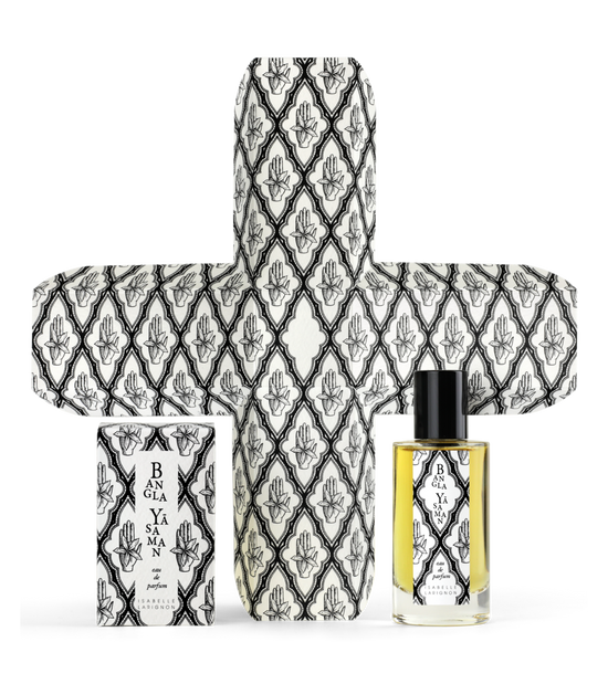 Bangla Yasaman by Isabelle Larignon — the 50ml bottle beside its illustrated box, opened out to show the cross-shaped interior printed with a jasmine lattice.