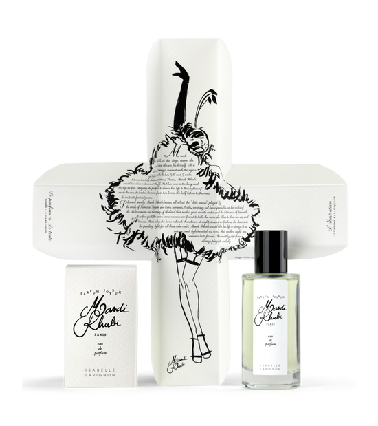 Mandi Rhubi by Isabelle Larignon — the 50ml bottle beside its illustrated box, opened out to show the cross-shaped interior printed with a dancer in feathers.