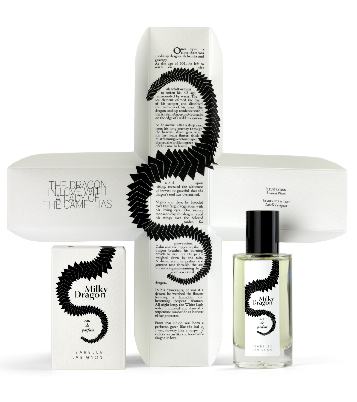 Milky Dragon by Isabelle Larignon — the 50ml bottle beside its illustrated box, opened out to show the cross-shaped interior printed with the dragon and the Lady of the Camellias.